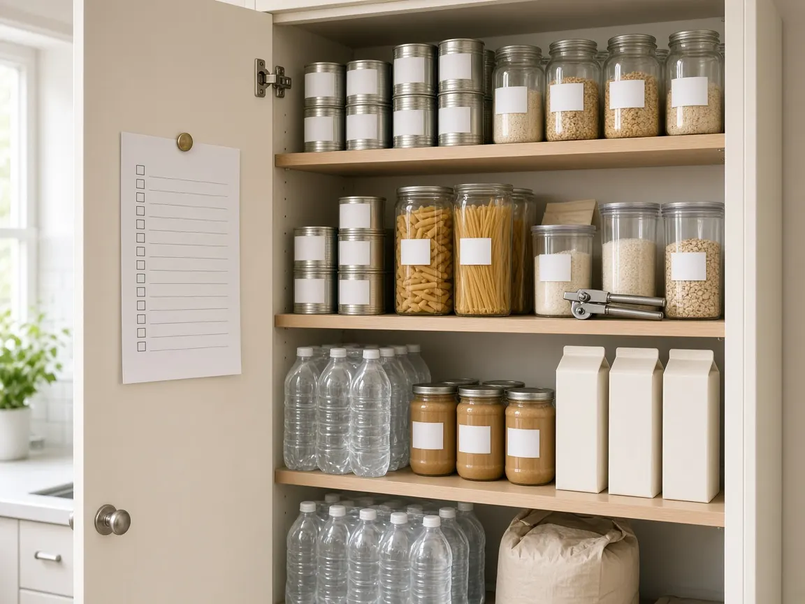 A stocked cupboard with tins, jars, pasta and bottled water