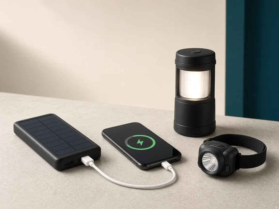 A solar power bank charging a phone next to an LED lantern and head torch