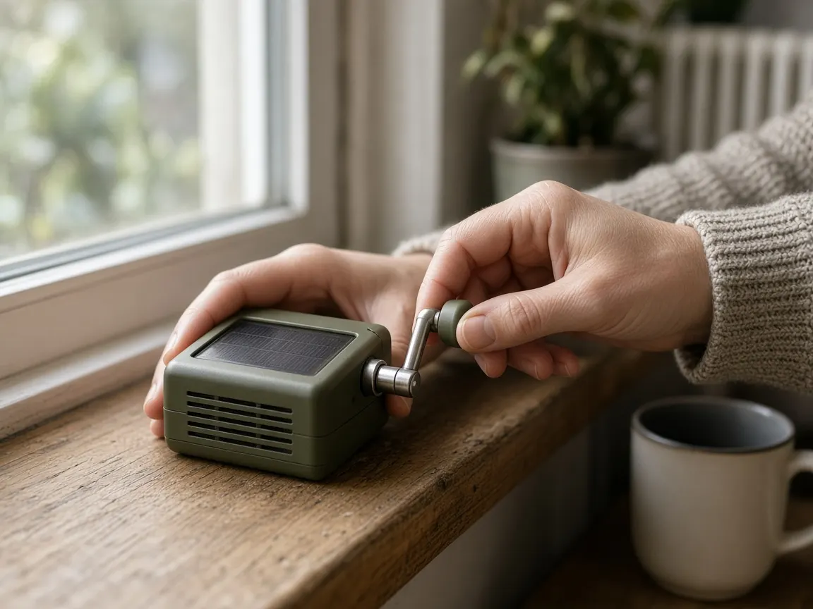 A green hand-crank solar emergency radio with built-in torch on a windowsill